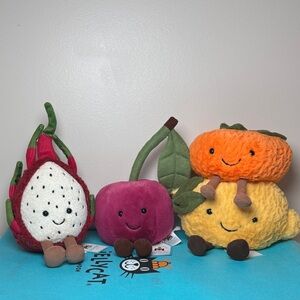 Lot of 4 Jellycat AMUSEABLE Fruit LEMON CLEMENTINE CHERRY DRAGON FRUIT W./Bag